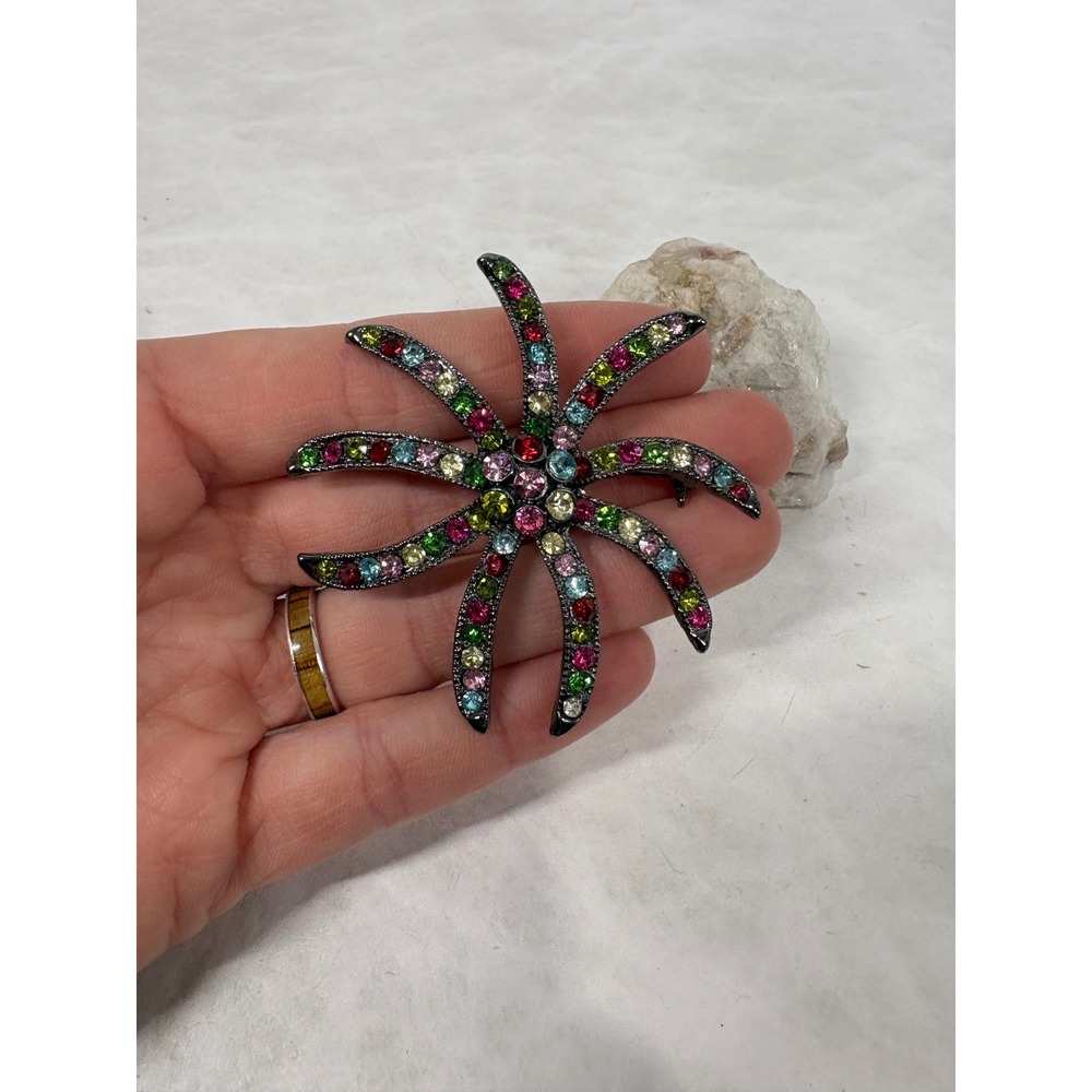 Roman RMN Vintage Style Multi Color Rhinestone Starfish Brooch Gunmetal Tone